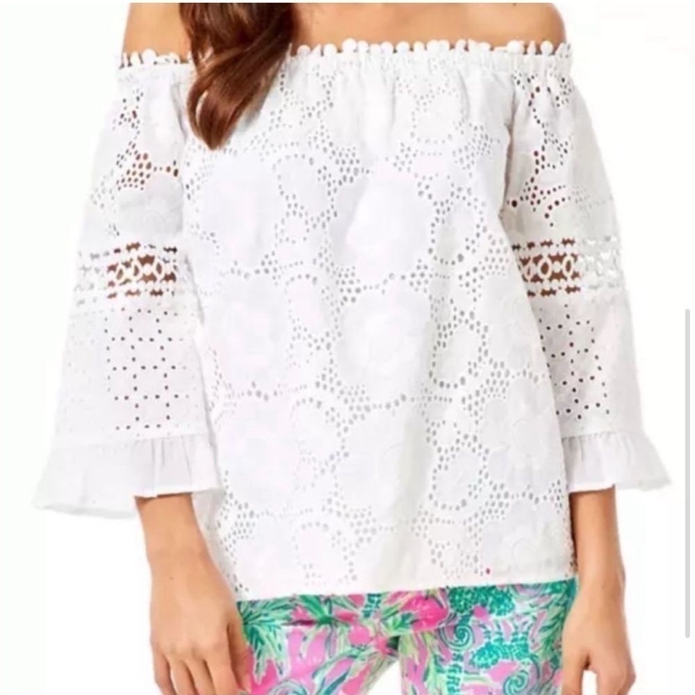 Pulitzer White Laurenne Off the Shoulder 3/4 Sleeve Eyelet Top Size S